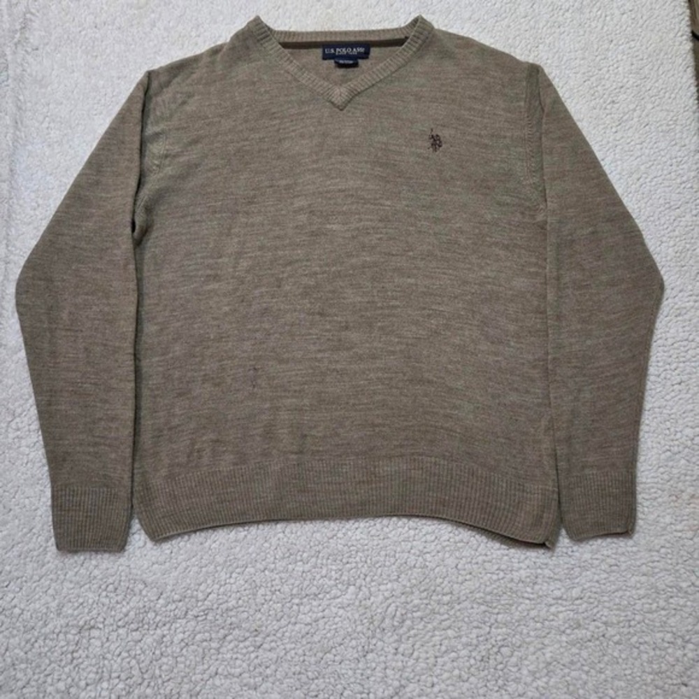 US Polo Assn Mens XL Tan‎ Heather V-Neck Long Sleeve Acrylic Knit Sweater Logo